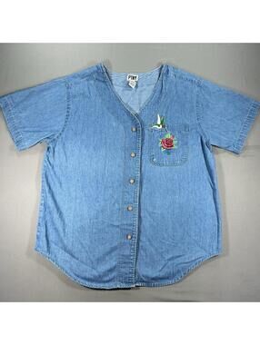PTNY Vintage Short Sleeve Button Down Rose & Bird Embroidered Denim Shirt Size L